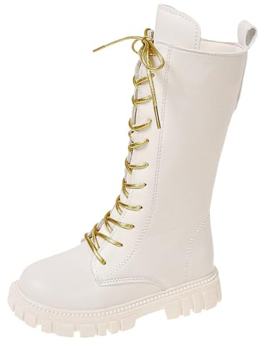 Botas Niña Altas hasta La Rodilla Botas De Combate Blancas Zapatos para Niña Zapatos Escolares De Piel SintéTica con Cordones Y Cremallera Lateral Punk Goth Boot De Princesa De Goma
