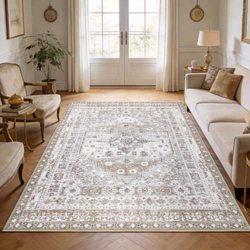 Capslpad Vintage Teppich Wohnzimmer 160x230cm, Kurzflor rutschfest Waschbarer Teppiche, Weich Boho Wohnzimmerteppich für Schlafzimmer Büro Esszimmer, Braun