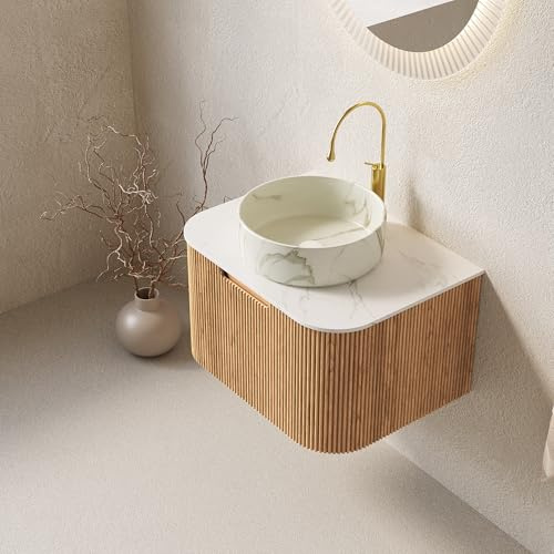 Lavabo da bagno sospeso, 61 cm, bianco rotondo in ceramica con motivo in pietra e top Carrara, con bordi curvi in compensato a righe con cassetto, preassemblato, venature naturali del legno