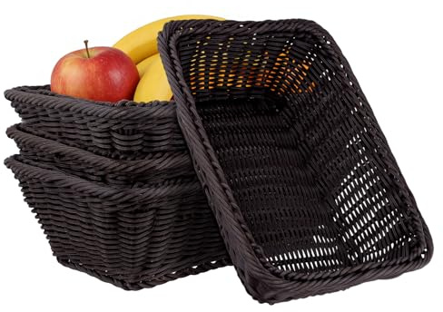 FUNSUEI 4 Stück 30 x 20 x 10 cm Brotkorb Kunststoff, Brotkörbchen Plastik Rechteckig, Rattan Korb Brot für Brot, Obst, Küche, Dunkelbraun