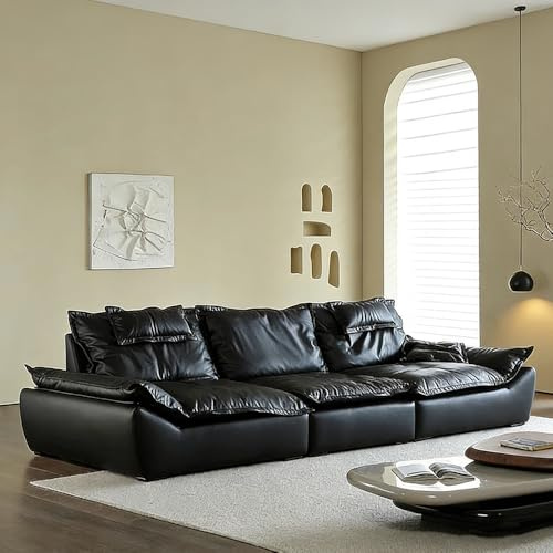 Italiensk lyxig enkel svart lädersoffa, rymlig och mjuk soffa med massiv träram, modern stor storlek, lämplig för vardagsrum/kontor/lägenhet.