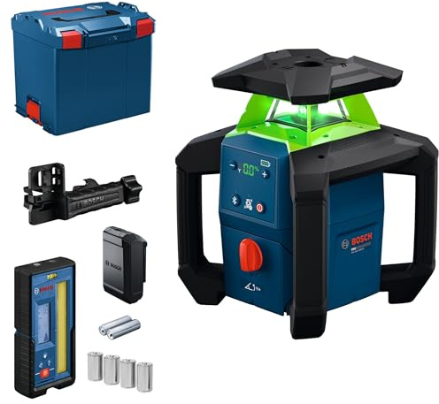 Bosch PRO 18V System Rotationslaser GRL18V-4-34CVG (grön laser, ±15% lutningsjustering, IP66-klassad, dubbel strömkälla, LR 45 lasermottagare + fäste, BA 18-C, L-BOXX 374)