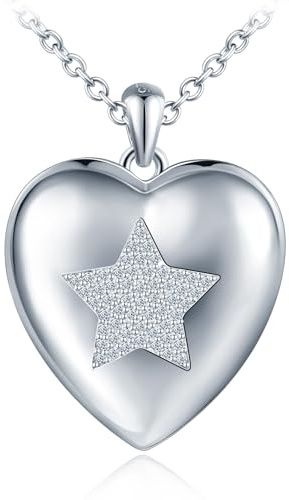feilok 925 Sterling Silber Damen Halskette Kette Stern Herz Zirkonia Herz Medaillon zum Öffnen mit Bild