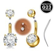 WillTen Barres de nombril en titane 6/8/10/12/14/16mm courtes/longues, anneau de piercing pour le nombril avec filetage intérieur G23 en titane et oxyde de zirconium, argent/or avec effilement pour la