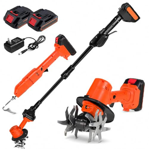 Mini motoculteur sans fil, binette de désherbage électrique portable avec perche télescopique, 2 batteries, largeur de travail de 10,2 cm pour sol de jardin