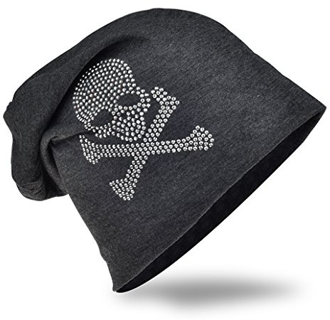 Jersey slouch beanie lång mössa med dödskalle strass applikation unisex enfärgad män kvinnor trend, One size