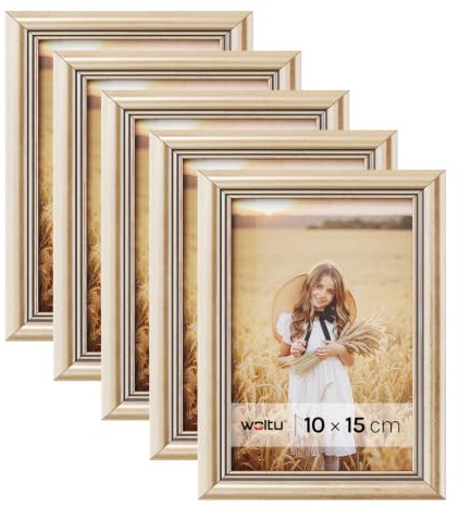 WOLTU Bilderrahmen 10x15, 3er set, Massivholz Fotorahmen mit Passepartout | Gold, Front aus PS-Platte, Posterrahmen zum vertikalen oder horizontalen Aufhängen und Aufstellen, Collage Wanddeko