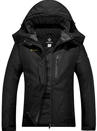 GEMYSE Damen Skijacke Wasserdicht Winddicht Fleece Winterjacke mit Kapuze Schneejacke für Aktivitäten im Freien(Schwarz,L)