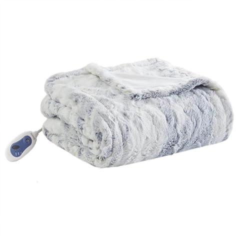 Beautyrest Zuri Reversible Faux Fur to Mink Electric Blanket, Auto Shut Off, Virtually Zero EMF, Multi Heat Setting, UL Certified, Machine Washable, Grey/Blue Throw 50x70