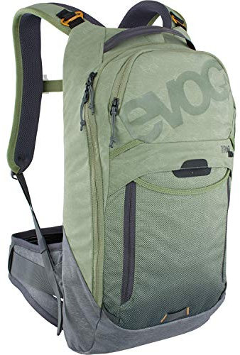 EVOC TRAIL PRO 10l Protektor Rucksack für Trailriding & Renneinsätze (Größe: L/XL, LITESHIELD PLUS Rückenprotektor, extrem leicht, breite Hüftflossen, 3l Trinkblasenfach), Olive / Carbon Grau