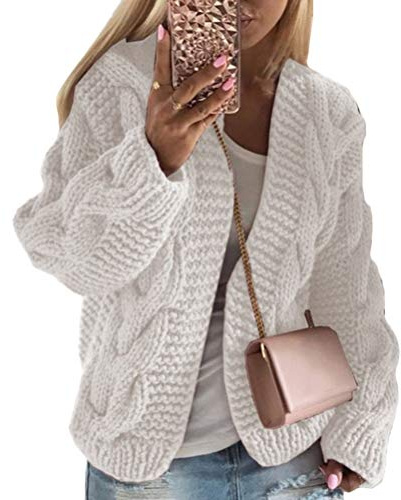 Onsoyours Gilet Cardigan Femmes Veste en Tricot Chaud Hiver Pull Tricoté Casual Pull Outwear Blouson Chandail Sweater Top Manteau Blanc L