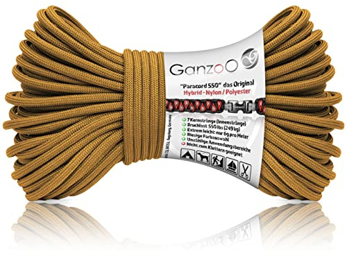 Ganzoo paracorde 550 Type III Hybrid, 30 m, 4 mm, Nylon Polyester, 7 brins internes, Coloris Caramel, pour Loisirs créatifs, Noeuds, Fixation, Accessoires pour Animaux