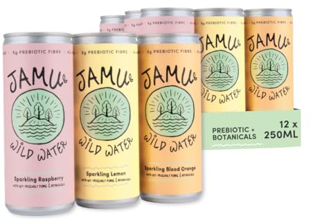 Jamu Wild Water - Pack of 12 - Naturally Flavoured Prebiotic Sparkling Water with Vitamins, Botanicals, and Minerals - 5g Prebiotic Fibre - < 20 Kcals - Zero Sugar - Mixed Flavours Multipack