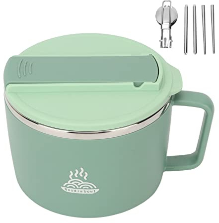 Asixxsix Nudelskål i mikrovågsugn, ramenskål med lock, gaffel ätpinnar, 1 200 ml, bärbar soppskål med handtag, telefonhållare, snabbnudelkokare för kontor, högskola, studentrum (grön)