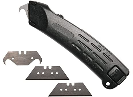 VERLEGENHILFEN Profi Sicherheitsmesser - Cuttermesser Aluguss Tepichmesser Handwerkermesser / 2 Trapezklingen + 2 Hakenklingen