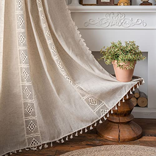 Sedefen Boho Beige Vorhänge Landhausstil Baumwolle Leinen Gardinen Stickerei Halbtransparente Spitze Leinenoptik Gardinen mit Quaste Verdunkelungvorhang Wohnzimmer Schlafzimmer,(B)150x260cm(H),2er set