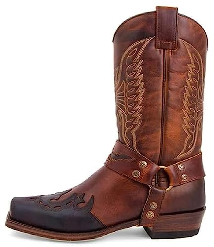 CRETUAO Western Cowgirl Knight Boots för kvinnor, Retro fyrkantig tå Mid Riding Calf Boots, Klassiskt broderi Traditionell Country Casual Boot, Män Läder Arbets Motorcykel Booties,Brown,38 EU