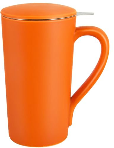 YINUOWEI Tea Cup with Infuser and Lid, 20oz Tea Mug with Handle for Steeping Loose Leaf Tea, Dishwasher and Microwave Safe, Ceramic Tea Strainer Cup Gifts for Tea Lovers-Glossy Orange