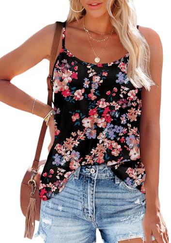 OFEEFAN Loose Fitting Tank Tops for Women Spaghetti Strap Black Floral XXL