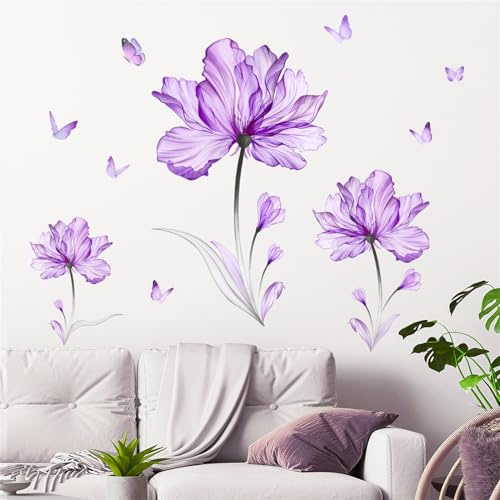 CULASIGN Große Blumen Wandtattoo, Lila Vintage Blumen Schmetterling Wandaufkleber Wandsticker Mohnsticker Wanddeko für Schlafzimmer Wohnzimmer Sofa TV Hintergrund