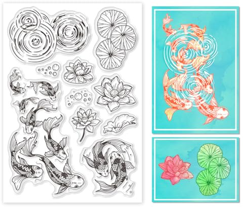 GLOBLELAND Sommer Lotus Transparente Silikonstempel Koi Fischen Klare Stamps Teichlandschaft Silikonstempel Für Kartengestaltung DIY Prägung Journaling