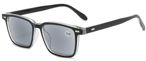 Lanomi Lesebrille Blaulichtfilter mit Sonnenschutz Getönt Lesehilfe Sehhilfe Damen Herren Sonnenlesebrille Rechteckige Sonnenbrille mit sehstärke Schwarz Transparent Rahmen Grau Linse 2.0
