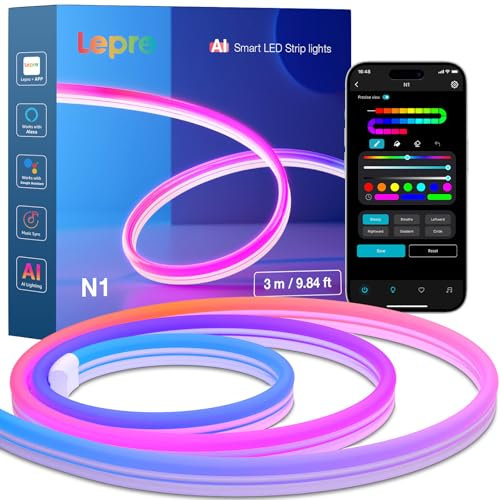 Lepro Neon AI LED Strip 3m, RGB LED Streifen mit App-, Musik- und Sprachsteuerung, kompatibel mit Alexa & Google Assistant, für Wohnzimmer, Gaming, Party, Wanddeko, Personalisierter KI-Lichtdesigner