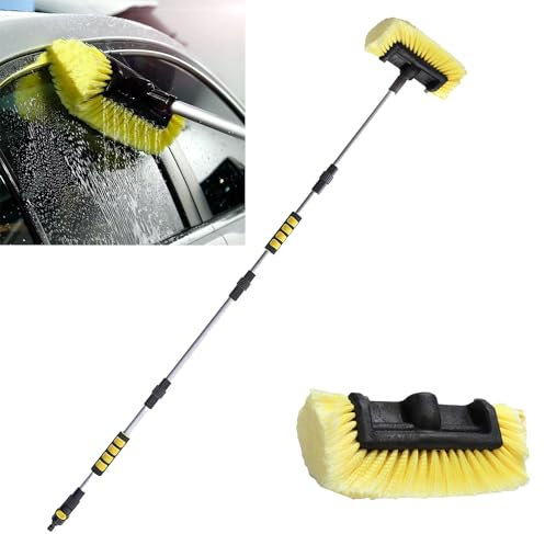 60”/152cm Car Wash Brush Aluminium Extendable Water Fed Window Cleaning Pole Brush, Car Wash Hose Brush Long Car Washing Brushes Caravan Soft Washing Kit for Caravan Truck Sweep Snow Outside Inside