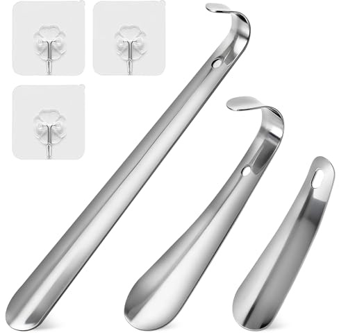 Nadinsta 3 Piezas Metalico Calzador de Acero Inoxidable, 30/16/10cm Calzador de Zapatos con Orificios, Colgante Agujero Calzadores para Ancianos, Mujeres, Embarazadas Fácil de Utilizar