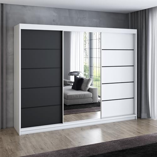A&J MöbelLand Schwebetürenschrank VILUNO 2 Kleiderschrank 3-türig 200 cm mit Spiegel, 4 Schubladen & 2 Kleiderstangen, Geräumiger Schlafzimmerschrank (Weiß/schwarz)