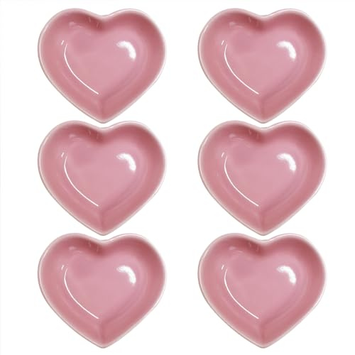 Pirhosigma 6 pcs Pink Heart Shaped Porcelain Soy Sauce Dish Snack Bowl Ceramic Dip Dipping Bowls 1.65 oz for Dinner Baking BBQ and Cooking