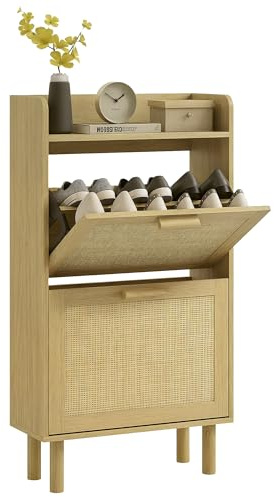 HOMCOM Zapatero Estrecho con 2 Cajones Abatibles 80x24,5x110 cm Roble | Zapatero de Recibidor Entrada con Estante Abierto, Patas de Madera, para 12 Pares de Zapatos