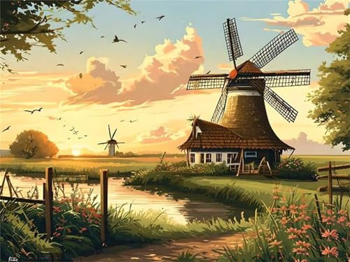Malen Nach Zahlen Erwachsene Windmühlen-Landschaft Malen Nach Zahlen Bild, DIY Malen Nach Zahlen Kinder Ölgemälde Set für Anfänger mit 3-Pinseln und Acrylfarbe für Home Wand Dekor 20x30cm I-7607