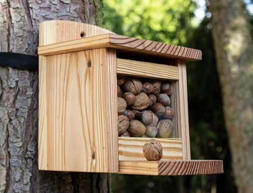 Eichhörnchen Futterhaus aus Lärchenholz – Mit integriertem Nussspender/Futterbox – Wetterfest & langlebig – Aus europäischer Lärche – Ideal für Garten & Balkon