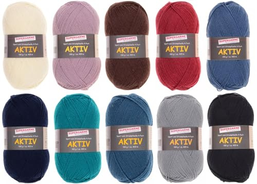 SUPERGARNE Sockenwolle Aktiv 4-fädig – 1000 g (10x100g), Strapazierfähig, Maschinenwaschbar, Made in EU, Ideal für Socken und Strickprojekt (UNI Basic)