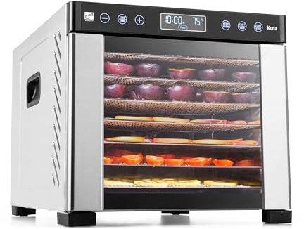 G21 Kona Dörrautomat Edelstahl mit 7 Edelstahl Gittern + 7 feinen Trocknungseinsätzen– Dörrgerät für Obst und Gemüse 35–75°C, 48h Timer, 0,48 m² Trockenfläche, 600W, Food Dehydrator