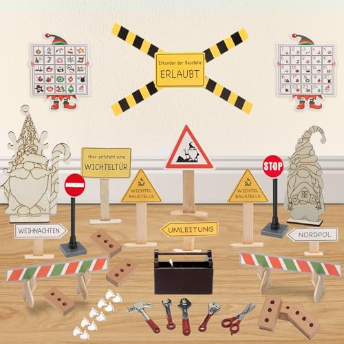 EIKEJI Wichtel Baustelle Set,42 Stück Wichtel Zubehör Baustelle, Wichteltür Zubehör Weihnachten Wichtelbaustelle,Mini Holz Werkzeugkiste mit Werkzeug,für Puppenhaus Zubehör Weihnachten