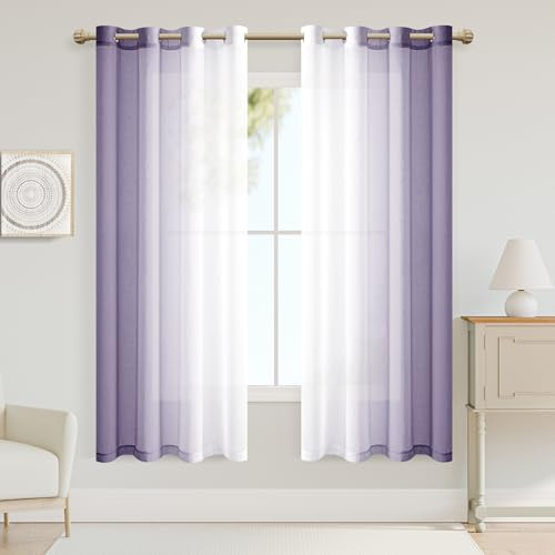 XWZO Gardinen mit Ösen Vorhänge Transparent Farbverlauf Voile Gardinen, Ombre Vorhang für Schlafzimmer und Wohnzimmer 160cm x 140cm(H x B) Lila