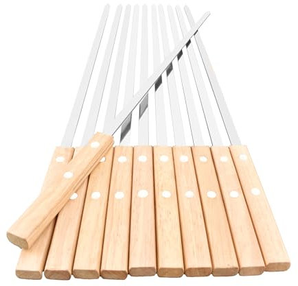 HONSHEN - Brochetas planas de 56 cm de largo, hoja ancha de acero inoxidable resistente de 3/8 pulgadas con mango de madera dura para asar carne, pollo, carne de res, juego de 12 (pinchos planos de 22