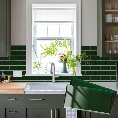 Abyssaly Stick on Tiles for Kitchen, Bathroom Tile Stickers Dark Green, Glossy Peel and Stick Self Adhesive Wall Tiles for Home Decor DIY Backsplash, 15x30cm/12pcs