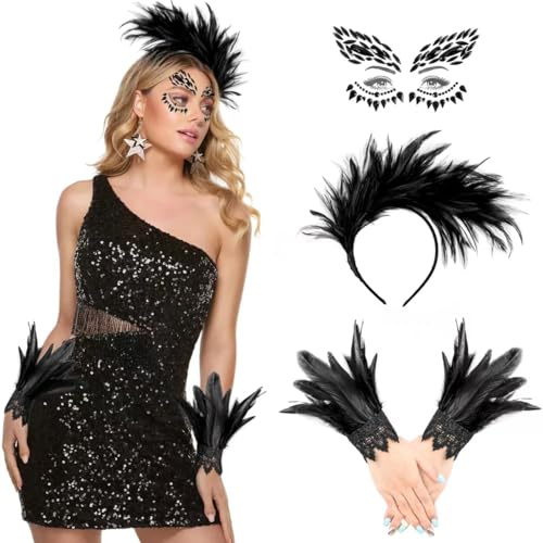 iZoeL Feder kostüm Damen Mädchen , Feder Haarreif Gothic Handschuhe Tattoo Karneval Kostüm Accessorie, Malefiecent Vogel Outfit Karneval Fasching Mottoparty Schwarz