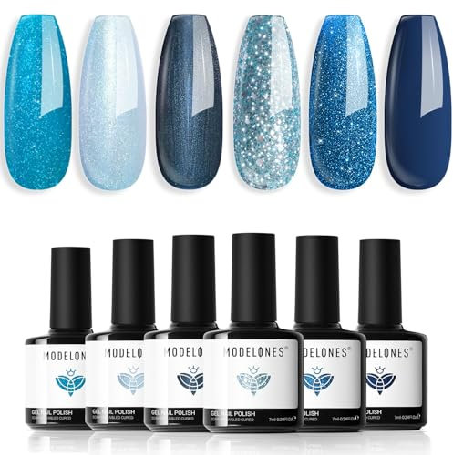 Modelones Gel Nail Polish Set, 6 Colors Blue Glitter Galaxy Dark Blue Gel Polish 9D Cat Eye Nail Polish Set White Shimmer Pearl Nail Varnish Kit Soak Off Nail Art Manicure DIY Salon