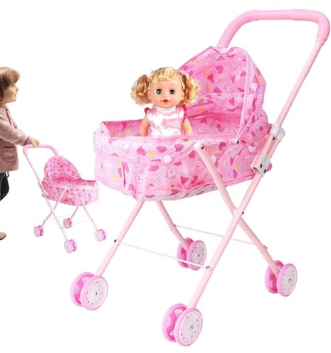 Babypuppenwagen, Puppenbuggy für Kinder, Puppenbuggy, Faltbarer und Leichter Puppenbuggy mit Korb, Puppenbuggy für Rollenspiele