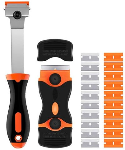 2 Pack Razor Blade Scraper Double Edged Glass Scraper and Long Handle Scraper with 10 Metal + 10 Plastic Blades, Multi-Purpose Scraper for Removing Stickers, Decals, Wallpaper, and Window Cleaning