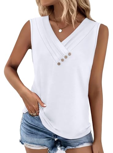 Sampeel Tank Top for Women Sleeveless V Neck Button Down White Tops Plain Tshirts Shirts Business Dressy Casual Work Clothes Blouses 2026 L