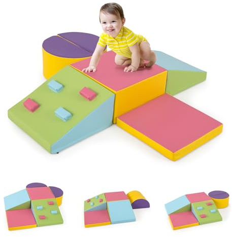COSTWAY Set di 6 Blocchi di Schiuma per Arrampicata per Bambini, Blocchi in Schiuma per Arrampicarsi e Strisciare, Costruzione Mattoncini Morbidi per Bambini 12+ Mesi (Colorato)