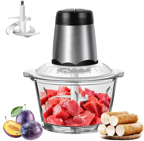 Trituradora de verduras 300W cocina eléctrica picadora con 4 cuchillas afiladas y 2L tazón de vidrio picadora de carne eléctrica, 2 ajustes de velocidad Picadora de carne para carne, frutas, verduras