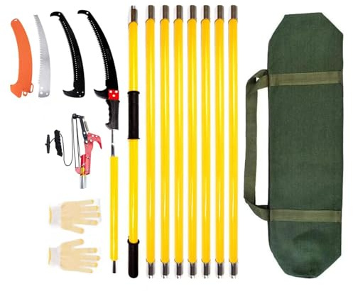 Sierra de podar para árboles de 9 m, sierra manual de resorte mejorada para herramientas de jardín, podadoras, sierras de poste de mano, altura extensible y bolsillo de almacenamiento