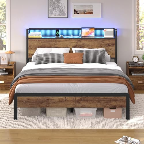 KIMENICH Bett 140X190 mit LED-Beleuchtung, Bettgestell 140x190 Lattenrost aus Metall, Metallbett mit Ladestation, Holzkopfteil mit Stauraum, Stauraum unter dem Bett, Schlafzimmer, Vintage-Braun