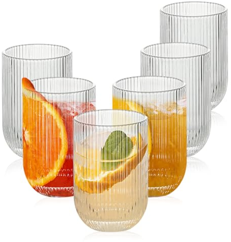 Ausune 6 Stück Gerippte Glaswaren Trinkgläser, 410ml Klar Kristall Gläser Set, Origami Stil Kristall Gläser Geriffelte Glaswaren für Coocktail Whiskey Saft Wasser